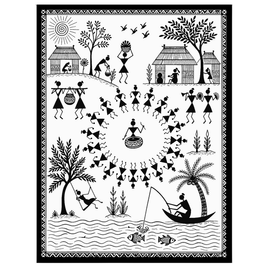 Step into the dynamic world of Warli with this intricate artwork, showcasing a vibrant village for gallery