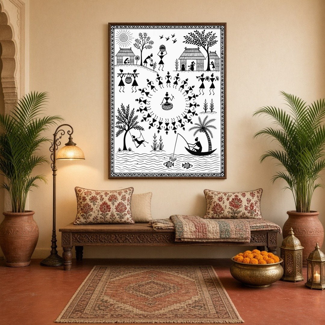 Step into the dynamic world of Warli with this intricate artwork, showcasing a vibrant village for Hallway