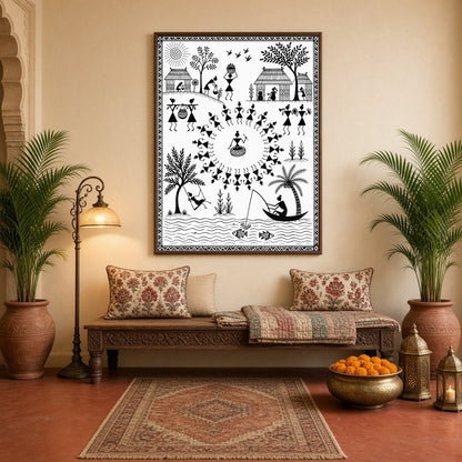 Step into the dynamic world of Warli with this intricate artwork, showcasing a vibrant village for Hallway