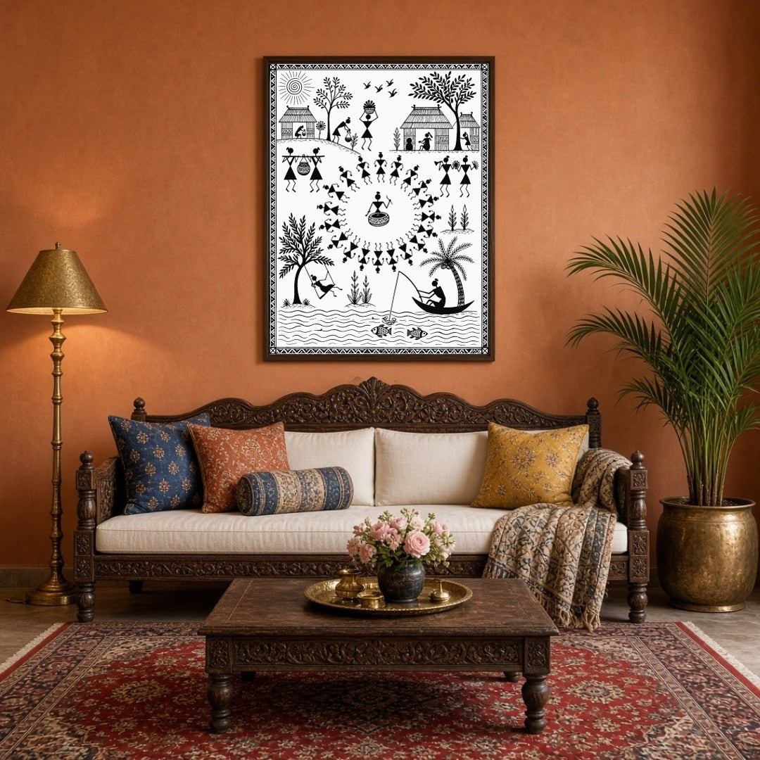 Step into the dynamic world of Warli with this intricate artwork, showcasing a vibrant village for Living Room