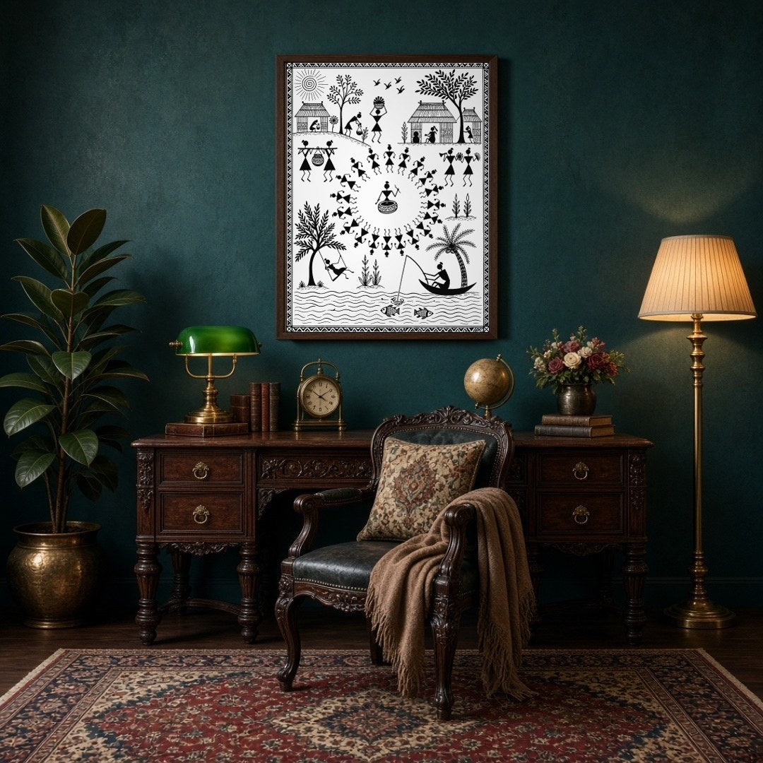Step into the dynamic world of Warli with this intricate artwork, showcasing a vibrant village for Study