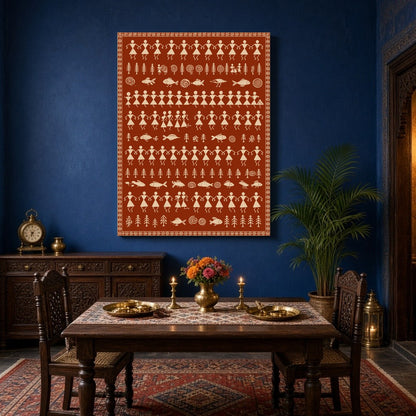 Immerse yourself in the harmonious rhythms of village life with this captivating Warli art piece. for Dining