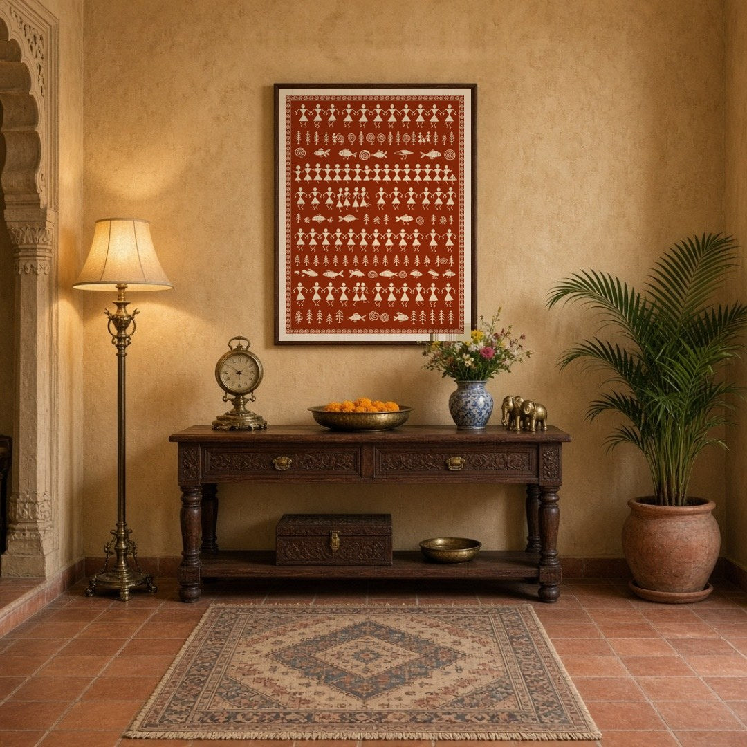 Immerse yourself in the harmonious rhythms of village life with this captivating Warli art piece. for Entrance