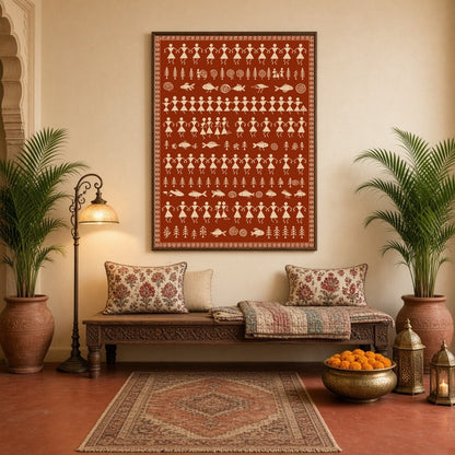 Immerse yourself in the harmonious rhythms of village life with this captivating Warli art piece. for Hallway