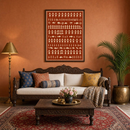 Immerse yourself in the harmonious rhythms of village life with this captivating Warli art piece. for Living Room