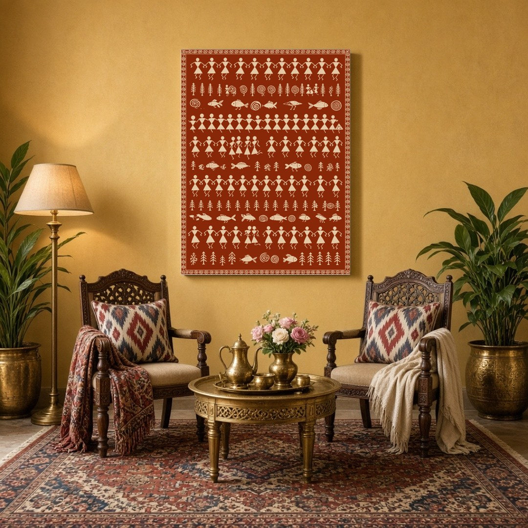 Immerse yourself in the harmonious rhythms of village life with this captivating Warli art piece. for Sitting Area