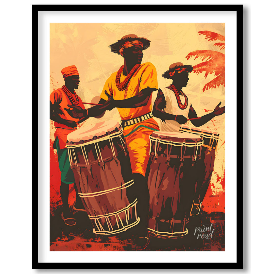 This vibrant artwork captures the energy and soul of traditional African drumming. Three figures, d… for abode