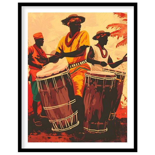 This vibrant artwork captures the energy and soul of traditional African drumming. Three figures, d… for abode