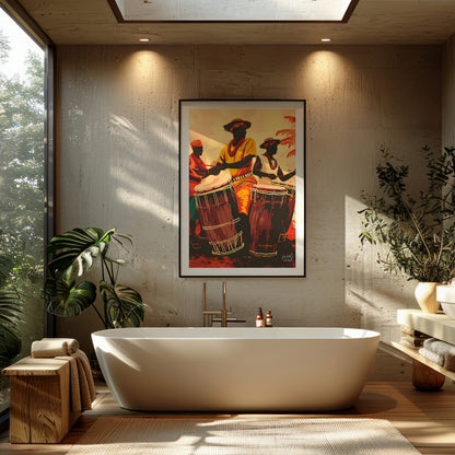 This vibrant artwork captures the energy and soul of traditional African drumming. Three figures, d… for bathroom