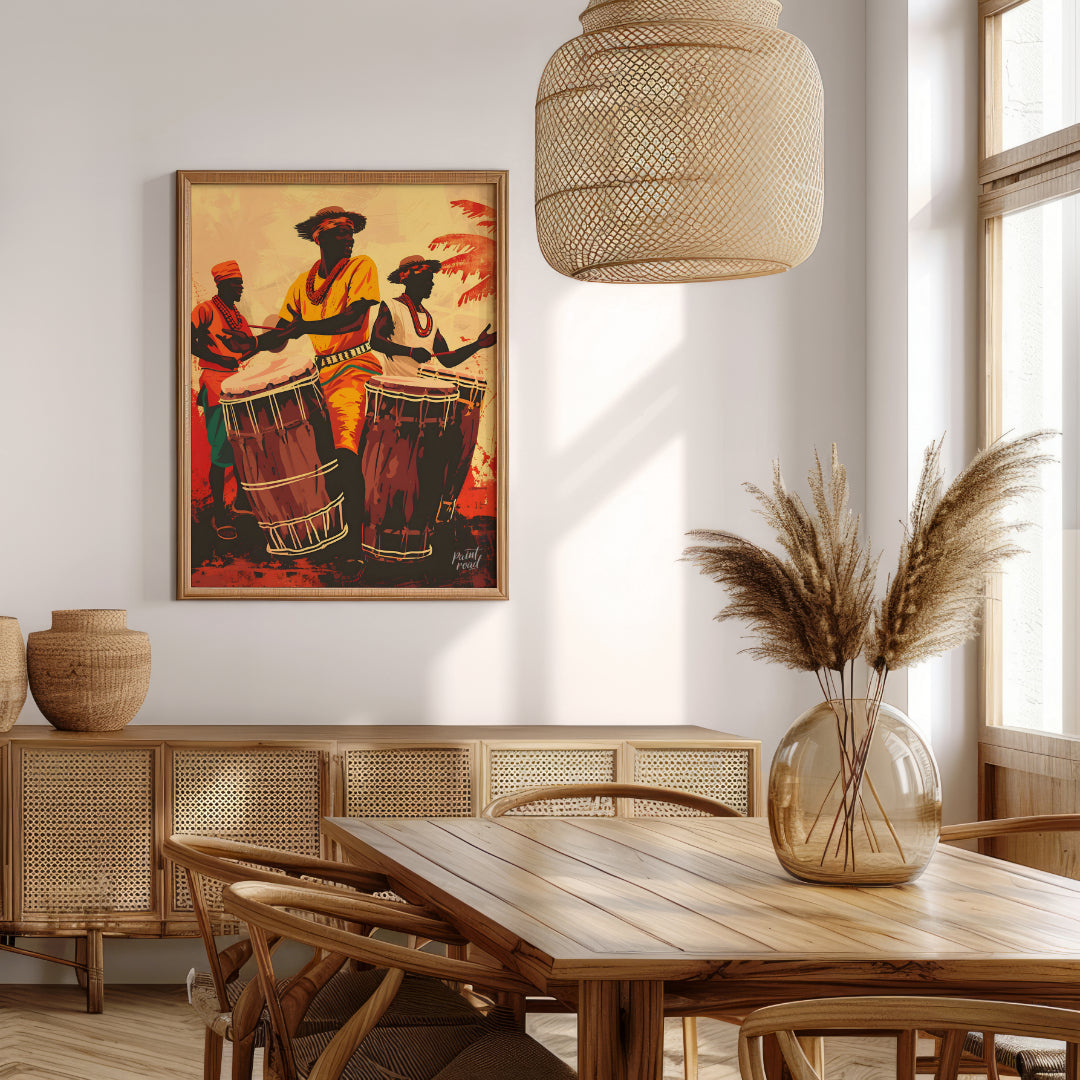 This vibrant artwork captures the energy and soul of traditional African drumming. Three figures, d… for dining room