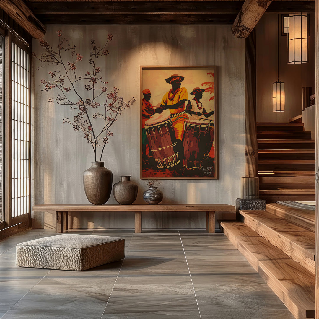 This vibrant artwork captures the energy and soul of traditional African drumming. Three figures, d… for entryway
