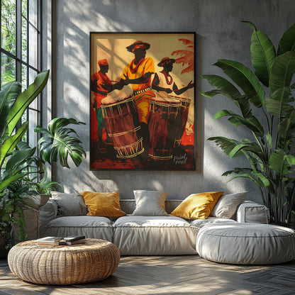 This vibrant artwork captures the energy and soul of traditional African drumming. Three figures, d… for living room