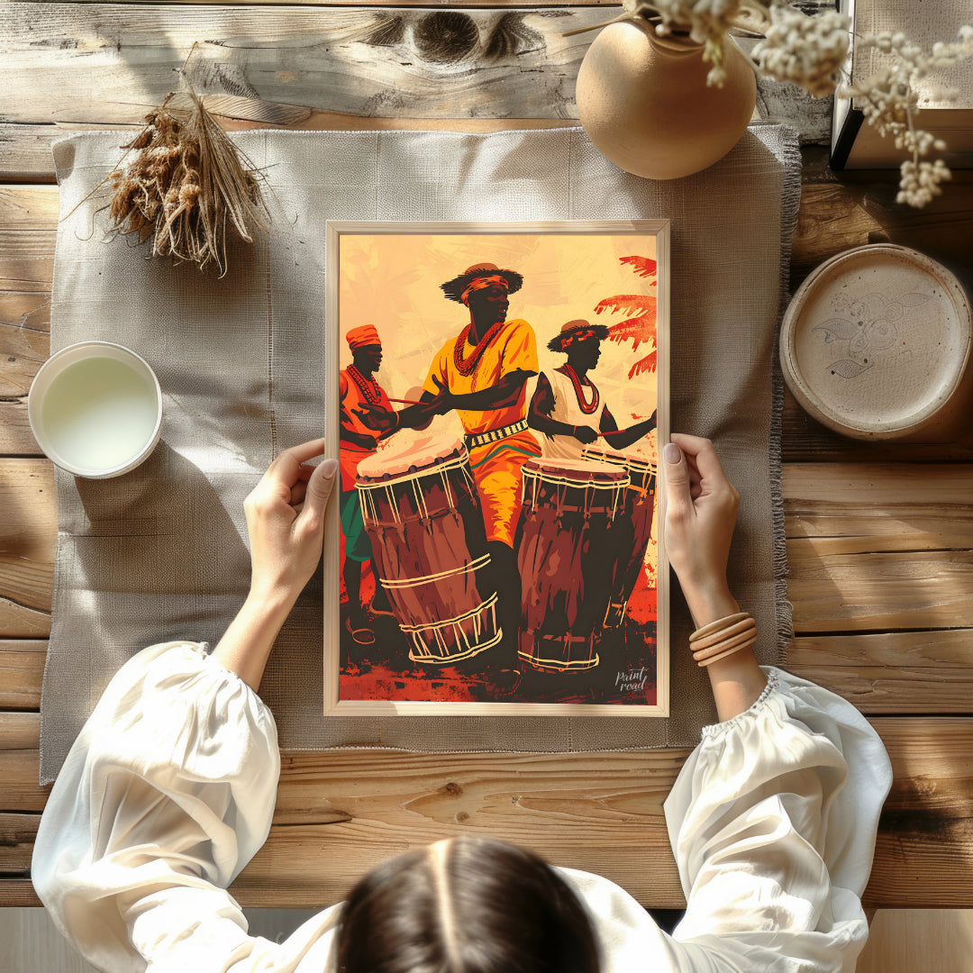 This vibrant artwork captures the energy and soul of traditional African drumming. Three figures, d… for living room
