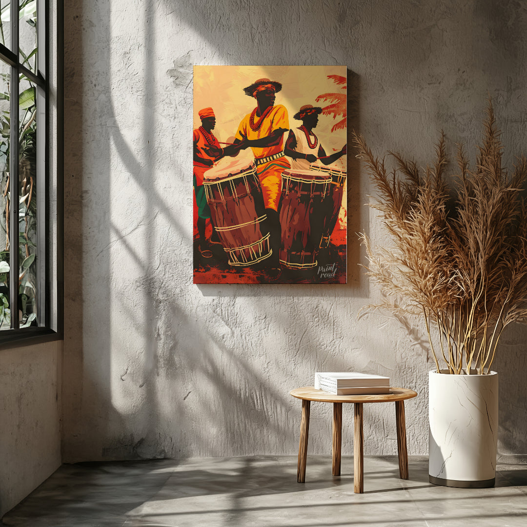 This vibrant artwork captures the energy and soul of traditional African drumming. Three figures, d… for living room