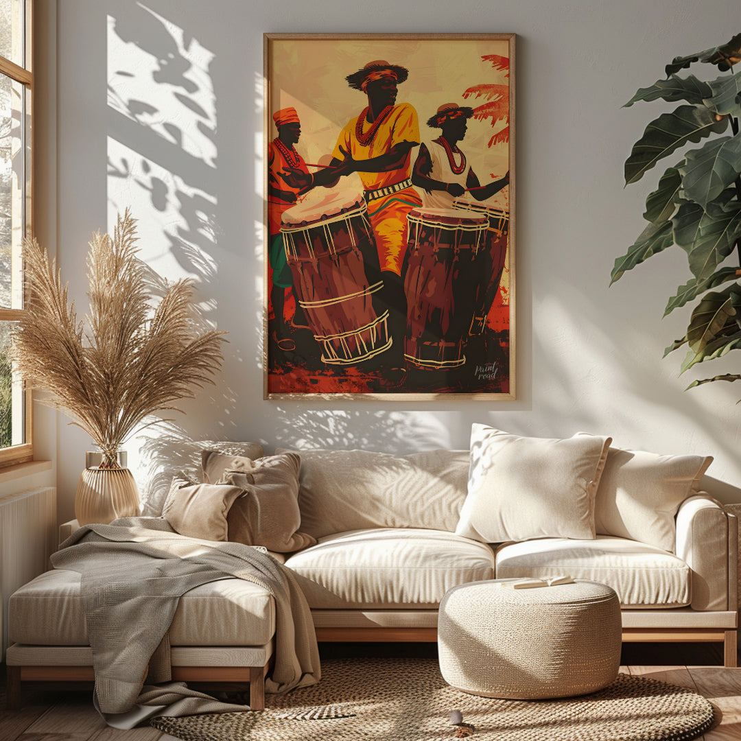 This vibrant artwork captures the energy and soul of traditional African drumming. Three figures, d… for living room