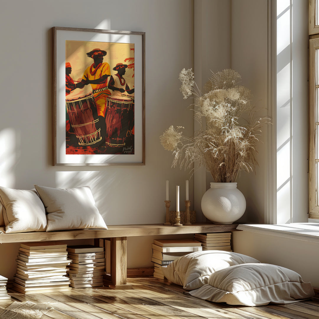This vibrant artwork captures the energy and soul of traditional African drumming. Three figures, d… for living room