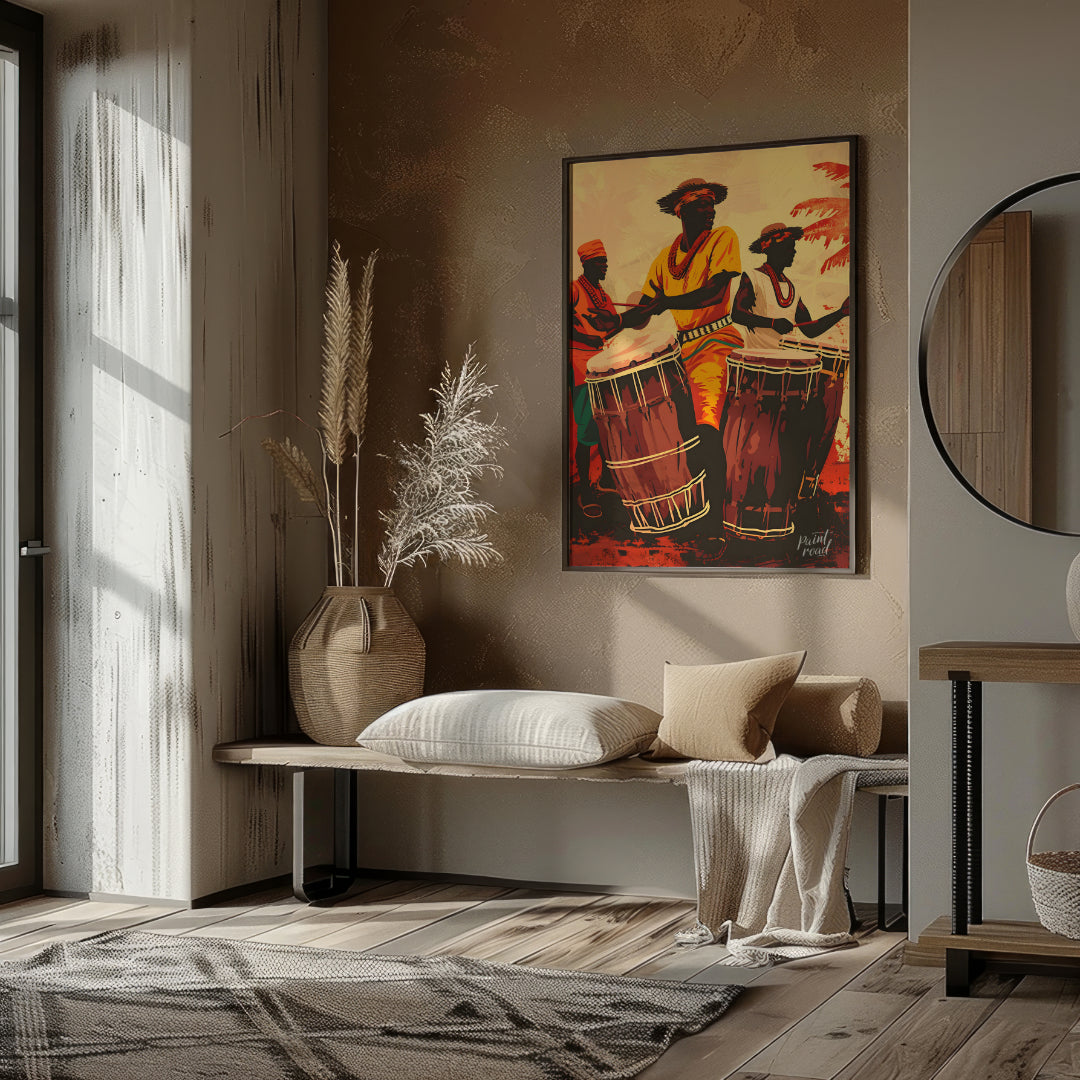 This vibrant artwork captures the energy and soul of traditional African drumming. Three figures, d… for living room