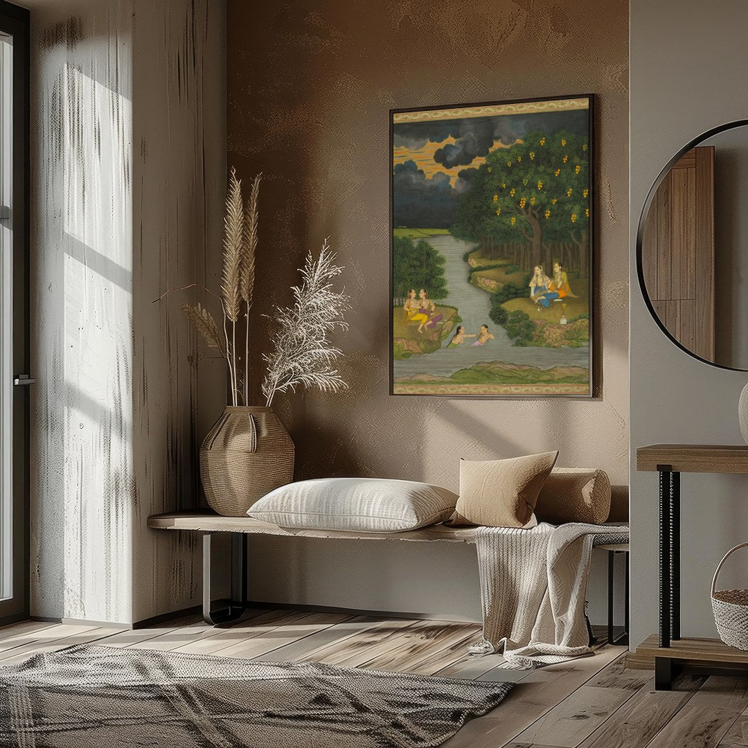 This captivating artwork captures a serene moment alongside a lush riverbank, where figures engage for area