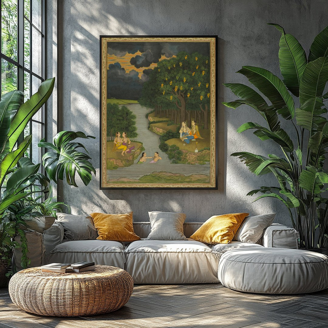 This captivating artwork captures a serene moment alongside a lush riverbank, where figures engage for Balcony