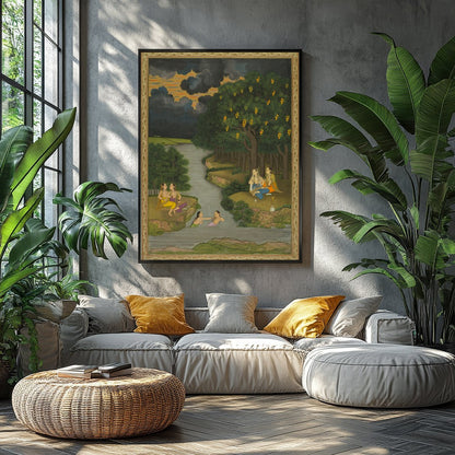 This captivating artwork captures a serene moment alongside a lush riverbank, where figures engage for Balcony