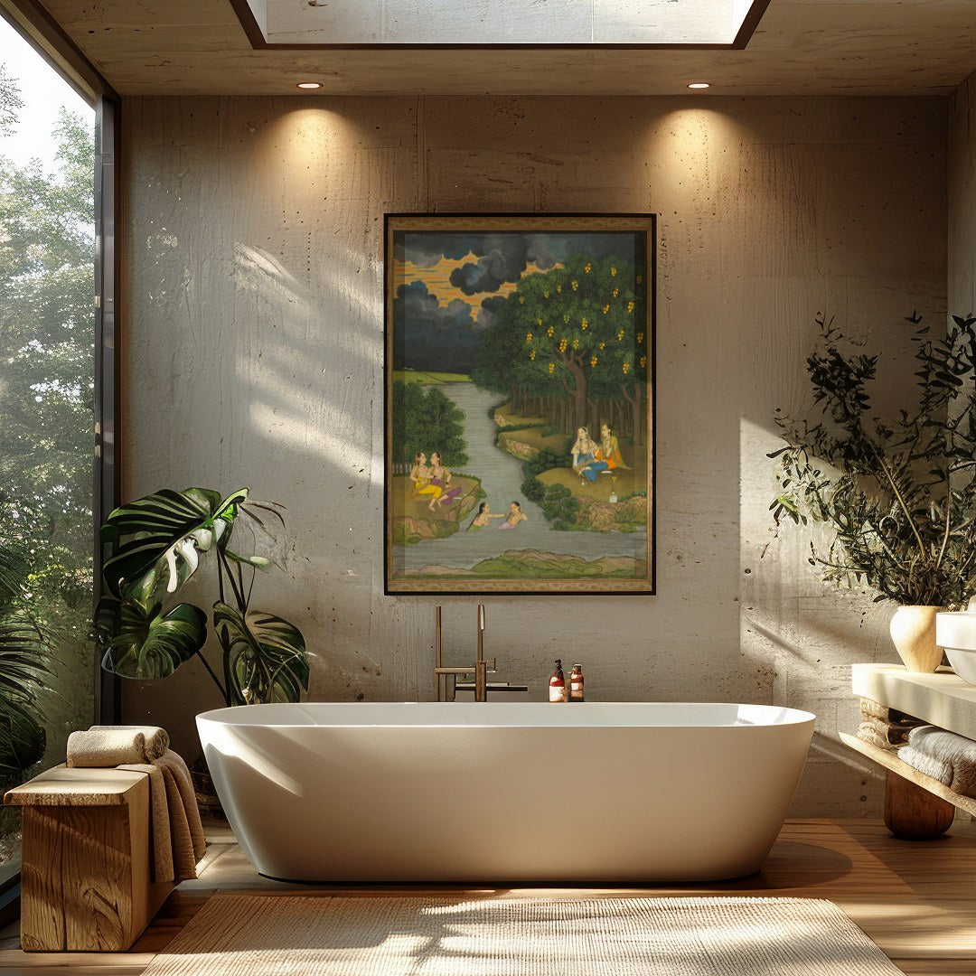 This captivating artwork captures a serene moment alongside a lush riverbank, where figures engage for Bathroom