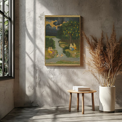 This captivating artwork captures a serene moment alongside a lush riverbank, where figures engage for Entrance