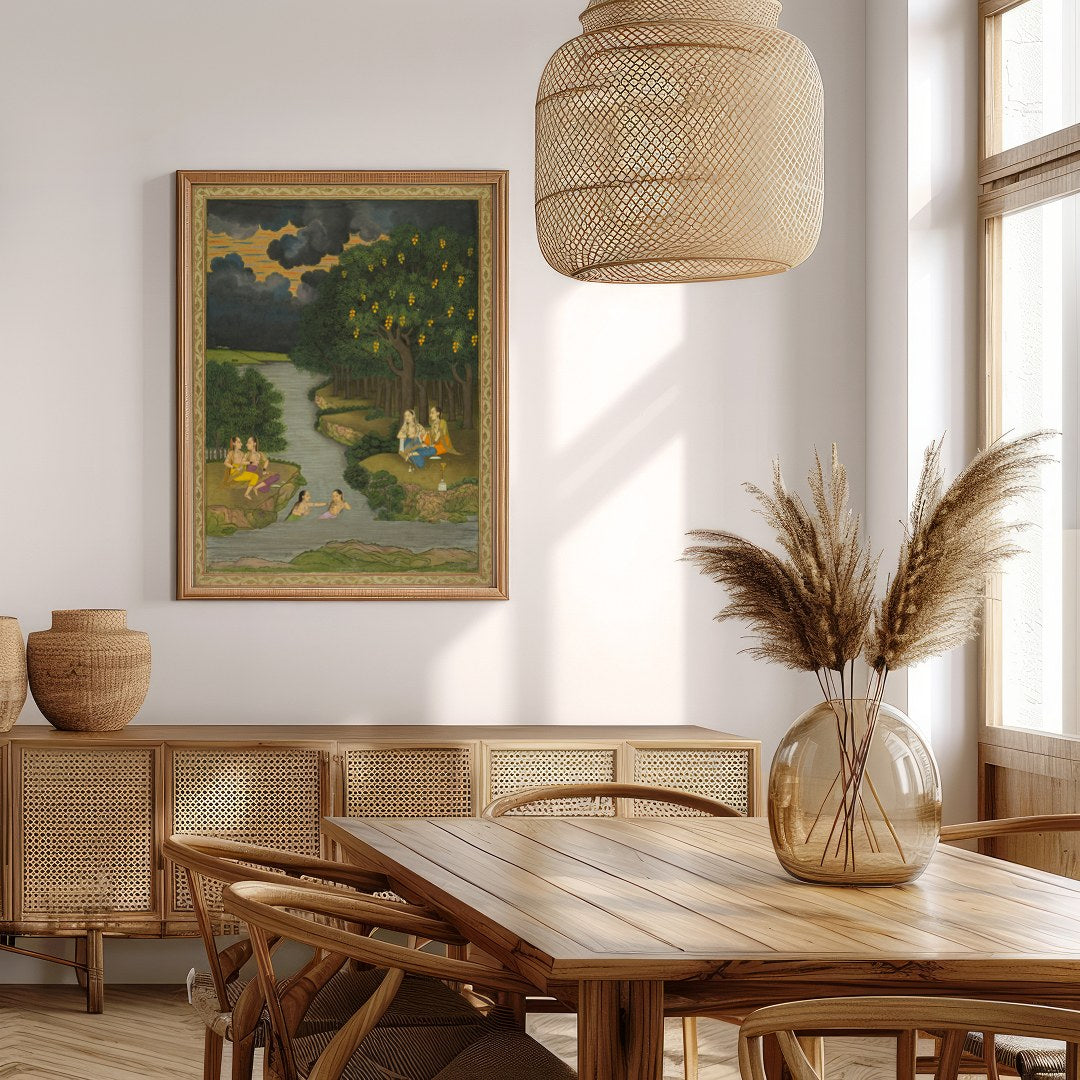 This captivating artwork captures a serene moment alongside a lush riverbank, where figures engage for Extra Kitchen