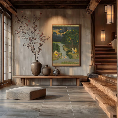 This captivating artwork captures a serene moment alongside a lush riverbank, where figures engage for Hall