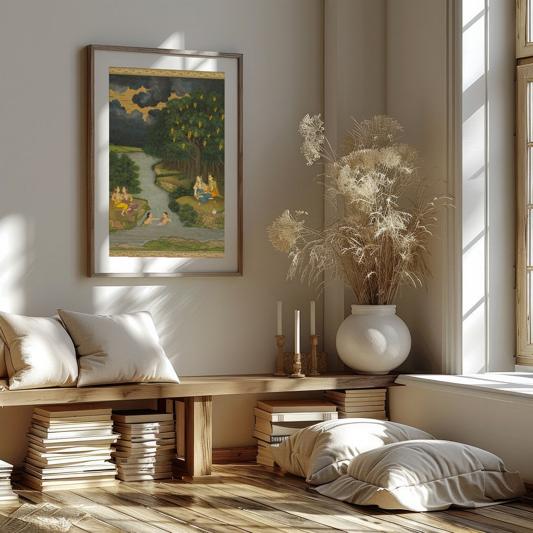 This captivating artwork captures a serene moment alongside a lush riverbank, where figures engage for home