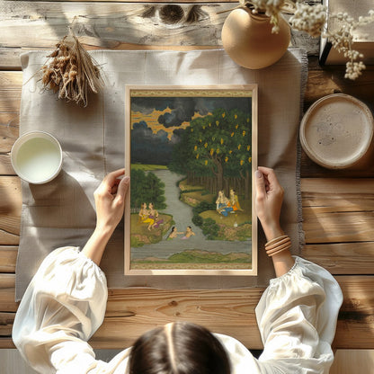 This captivating artwork captures a serene moment alongside a lush riverbank, where figures engage for Kitchen