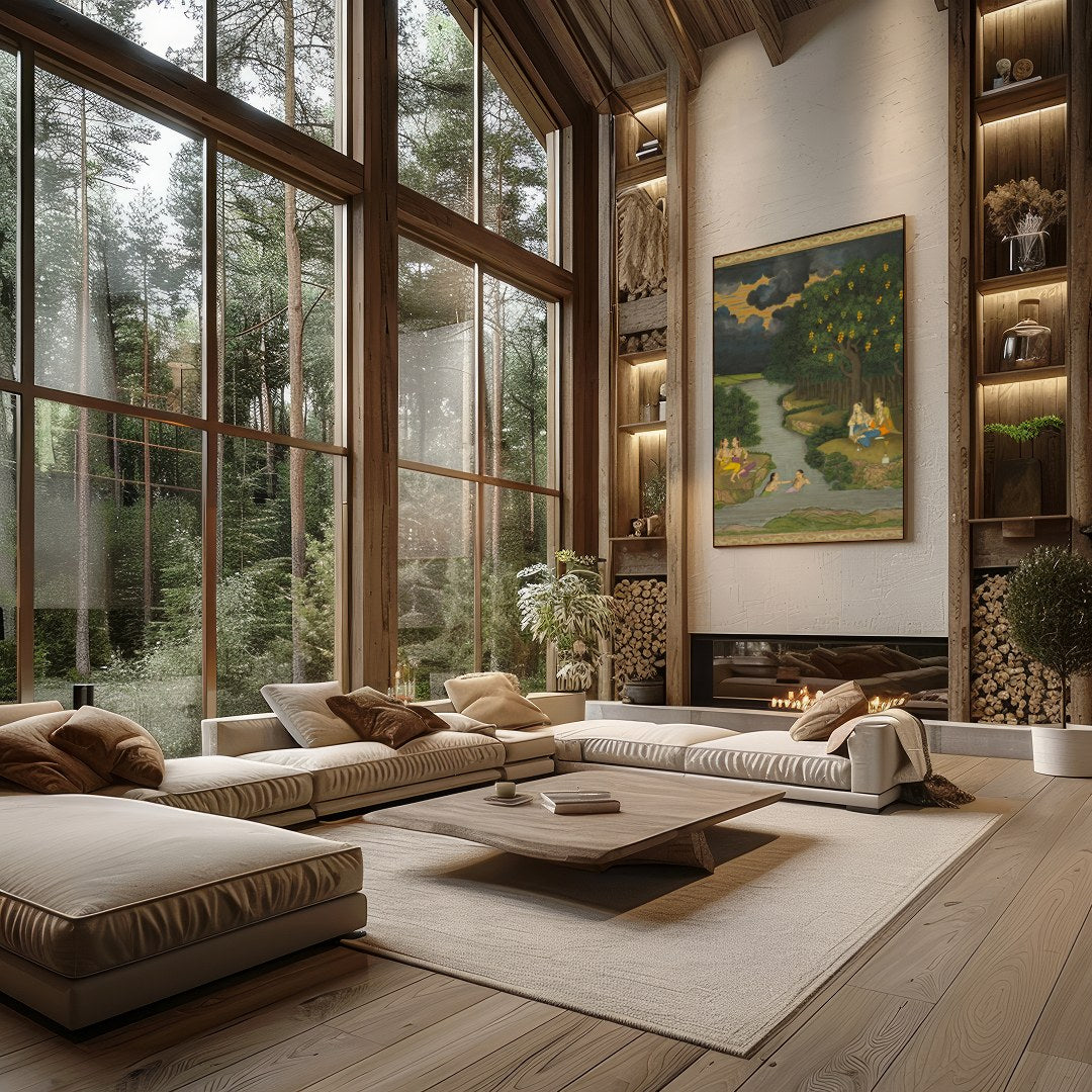 This captivating artwork captures a serene moment alongside a lush riverbank, where figures engage for Living Room