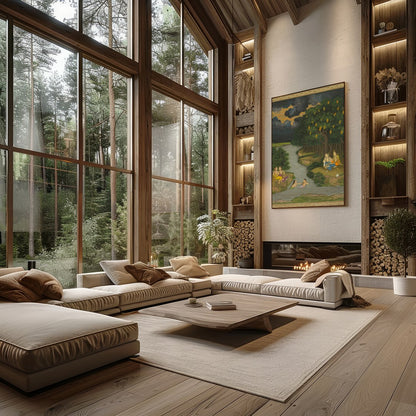 This captivating artwork captures a serene moment alongside a lush riverbank, where figures engage for Living Room