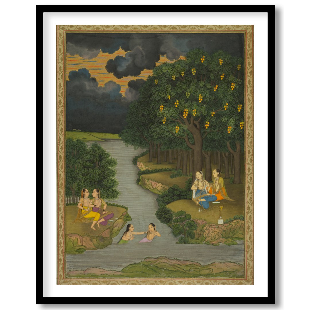This captivating artwork captures a serene moment alongside a lush riverbank, where figures engage for residence