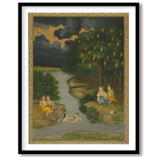 This captivating artwork captures a serene moment alongside a lush riverbank, where figures engage for residence