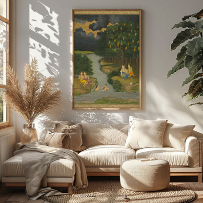 This captivating artwork captures a serene moment alongside a lush riverbank, where figures engage for Sitting Area