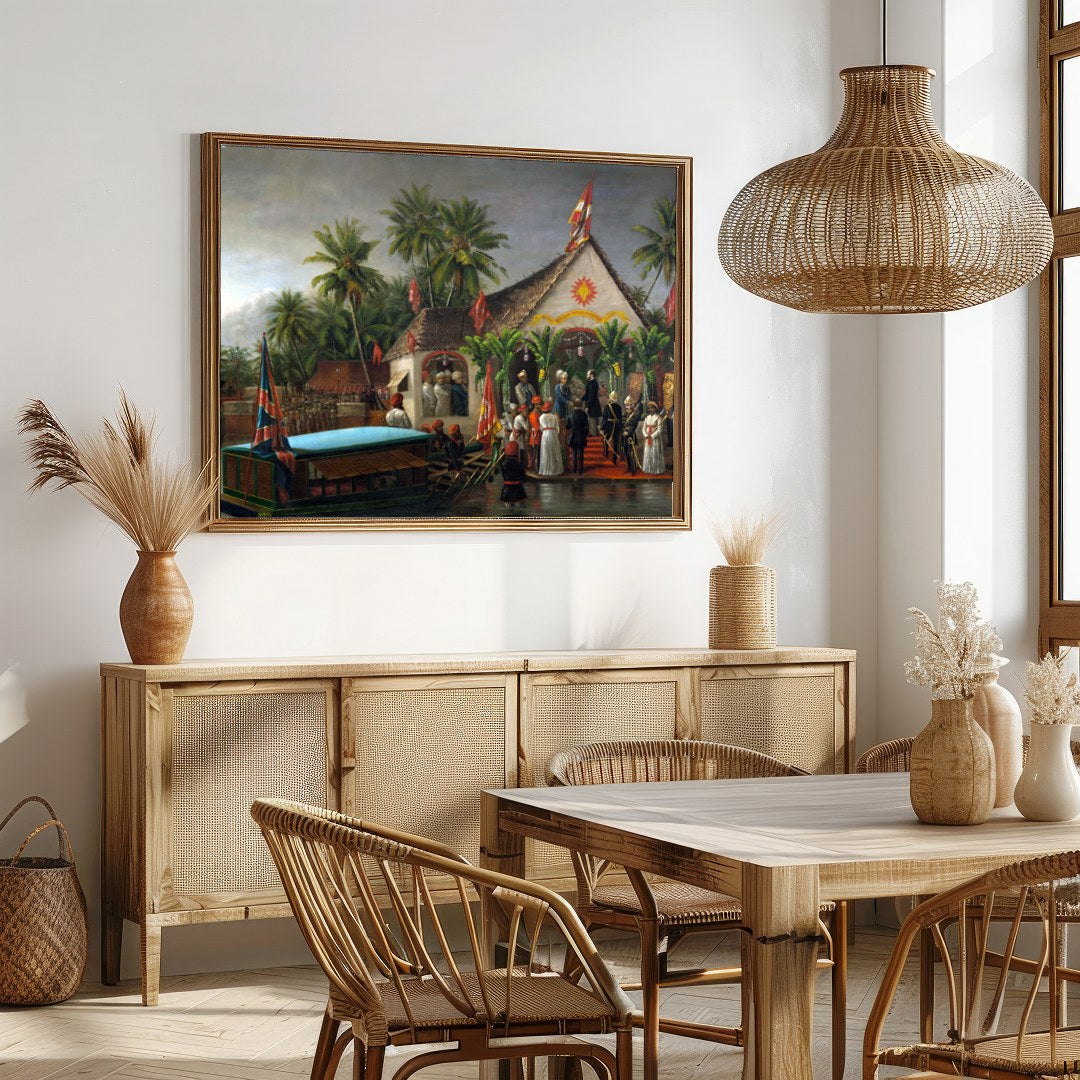 Immerse yourself in a historical tableau with this intricate depiction of a colonial ceremony by for Dining