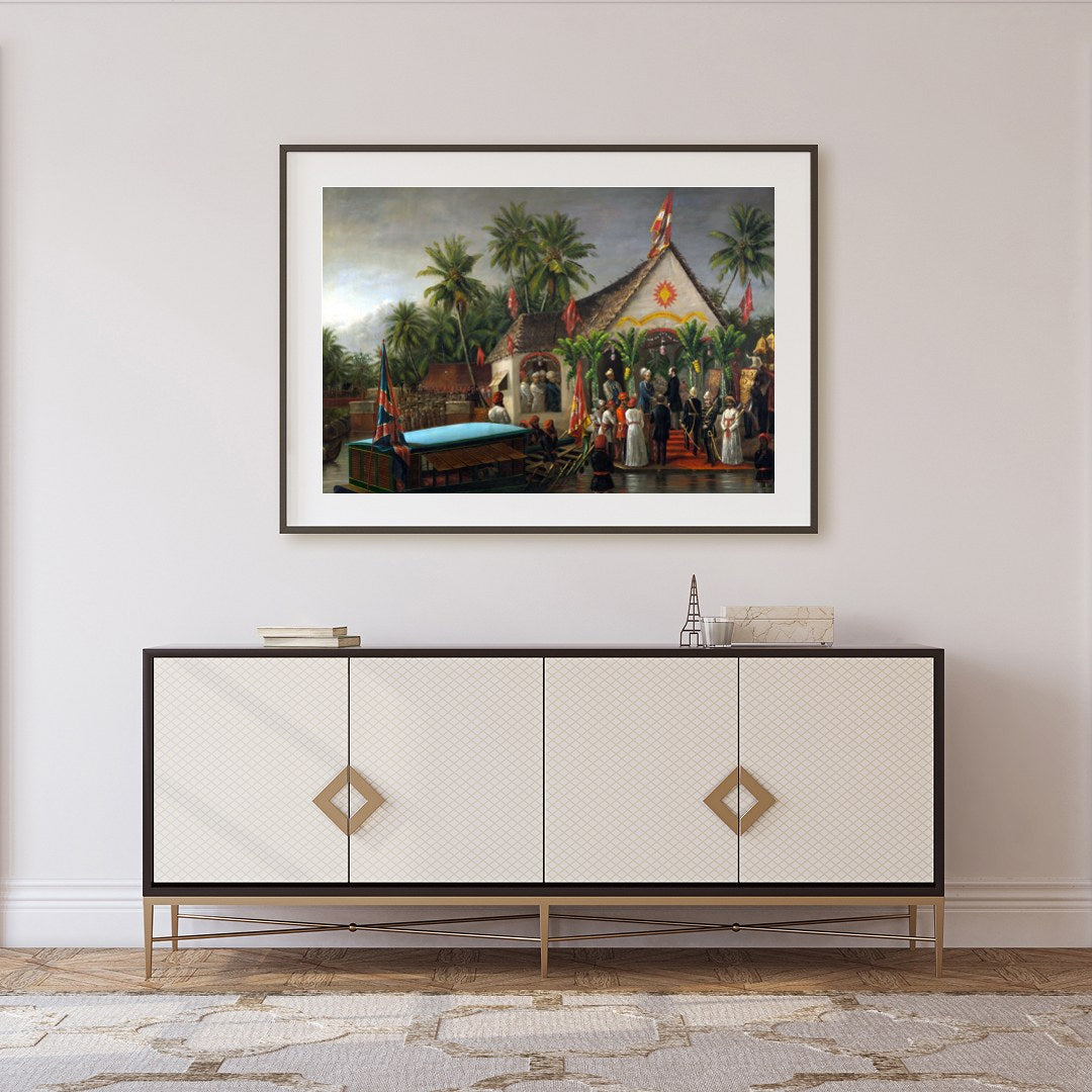 Immerse yourself in a historical tableau with this intricate depiction of a colonial ceremony by for Foyer