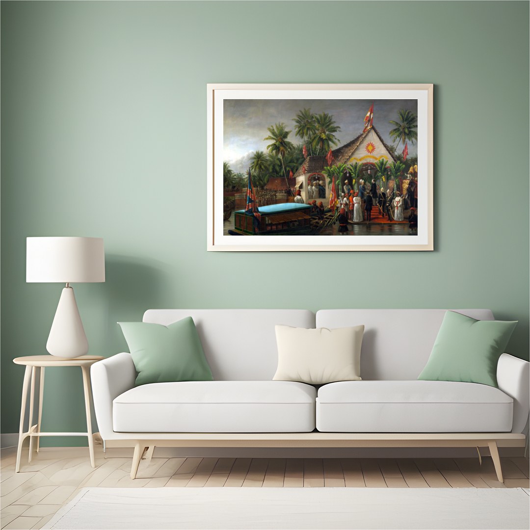 Immerse yourself in a historical tableau with this intricate depiction of a colonial ceremony by for Hall