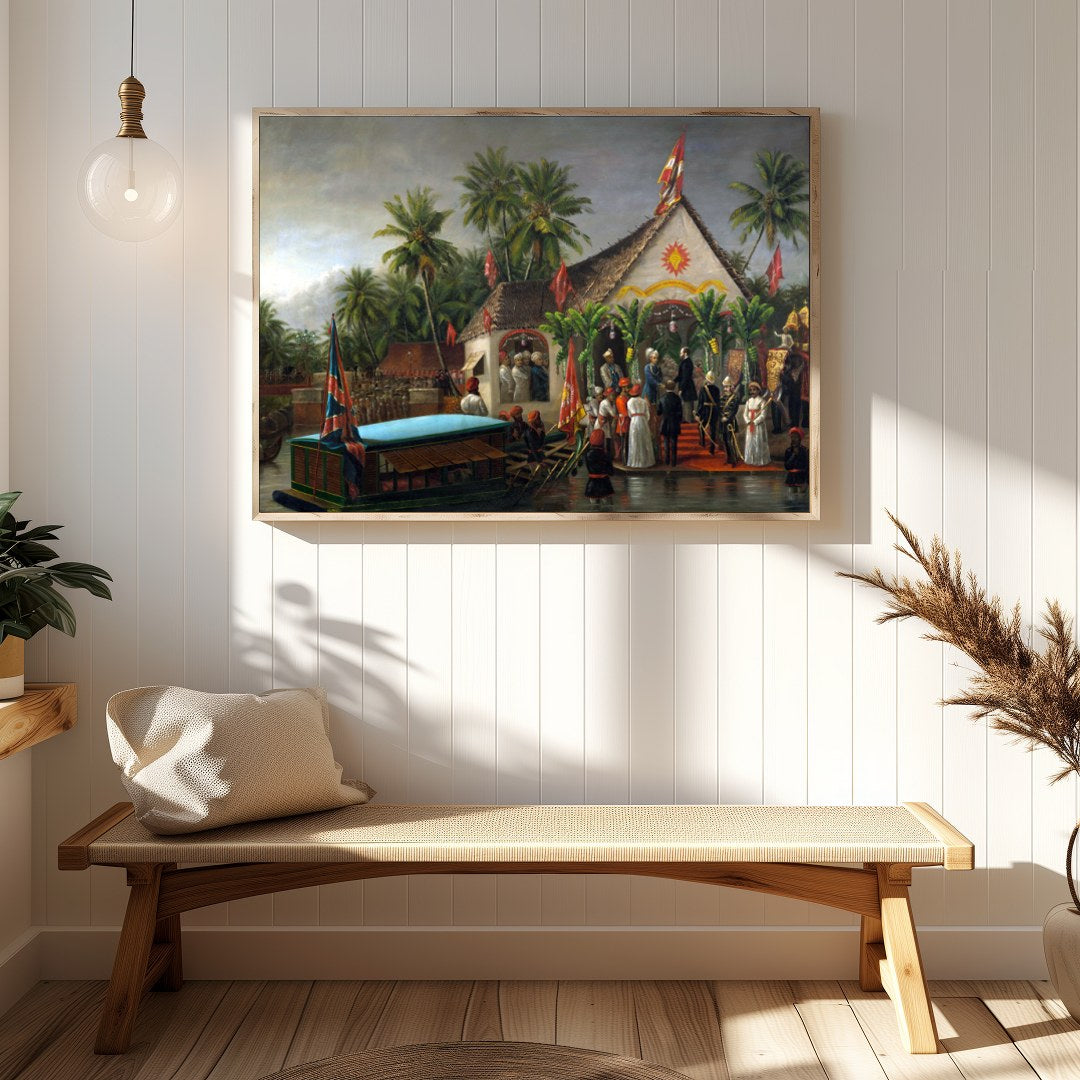 Immerse yourself in a historical tableau with this intricate depiction of a colonial ceremony by for Hallway