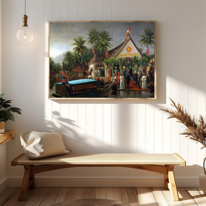 Immerse yourself in a historical tableau with this intricate depiction of a colonial ceremony by for Hallway