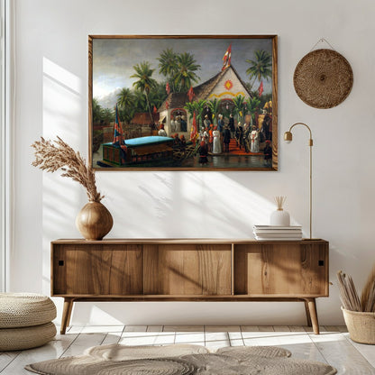 Immerse yourself in a historical tableau with this intricate depiction of a colonial ceremony by for Sitting Area