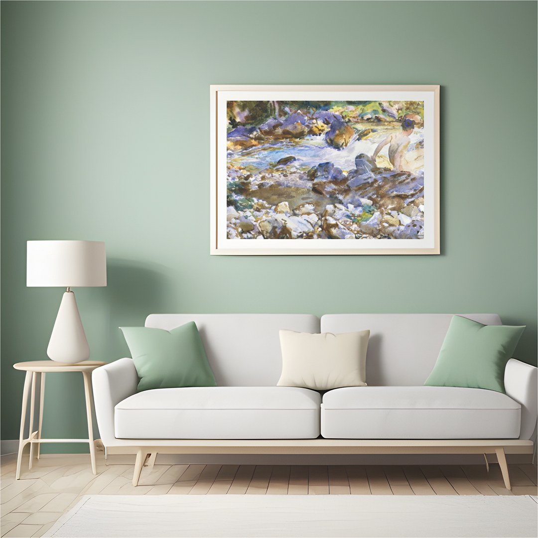 Immerse yourself in the serene beauty of a tranquil river scene with 'Riverside Contemplation'. for Hall