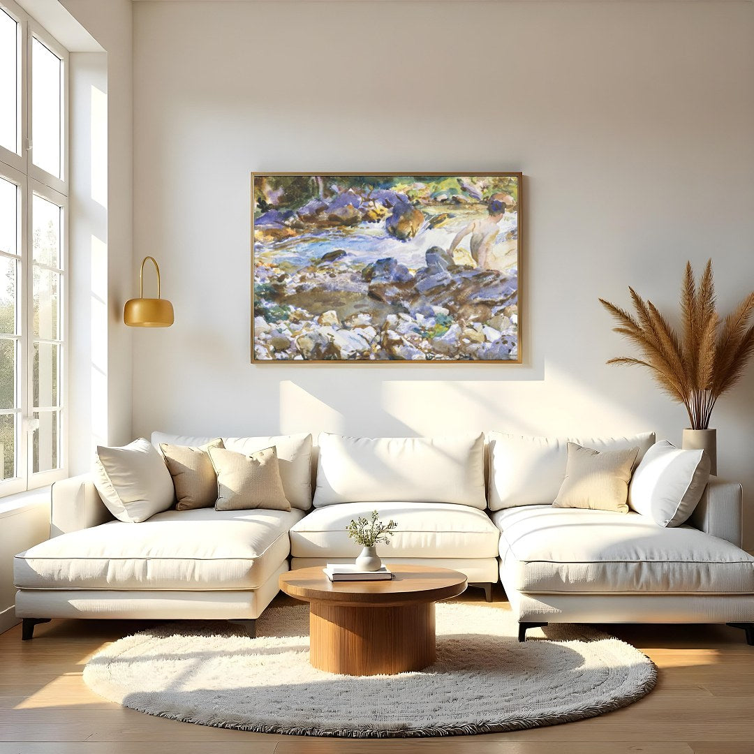 Immerse yourself in the serene beauty of a tranquil river scene with 'Riverside Contemplation'. for Living Room