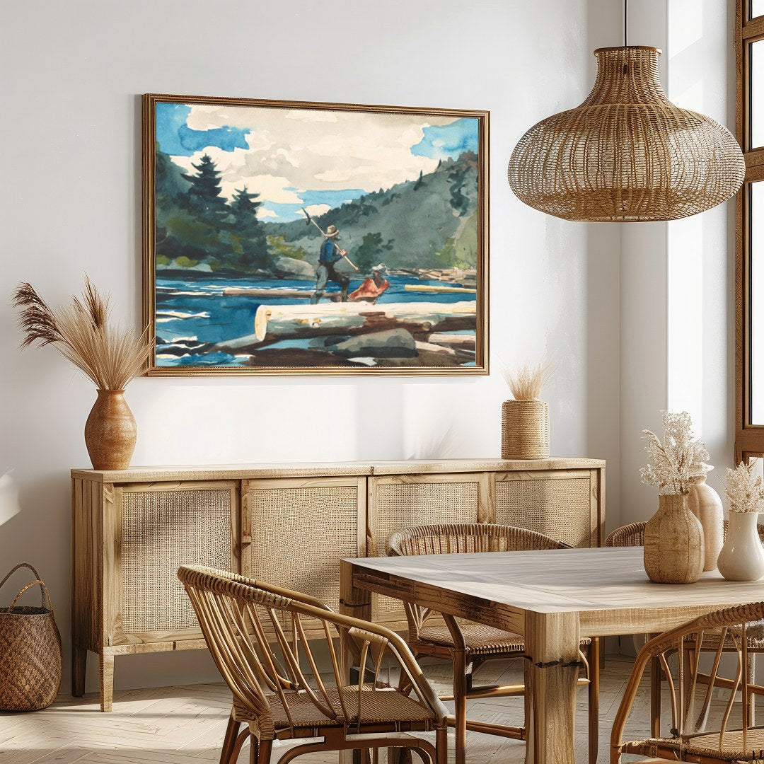 Immerse yourself in the serene beauty of nature with this watercolor depiction of log rafting. The for Dining