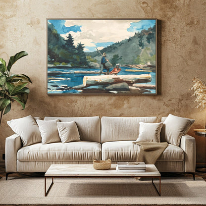 Immerse yourself in the serene beauty of nature with this watercolor depiction of log rafting. The for Family Room