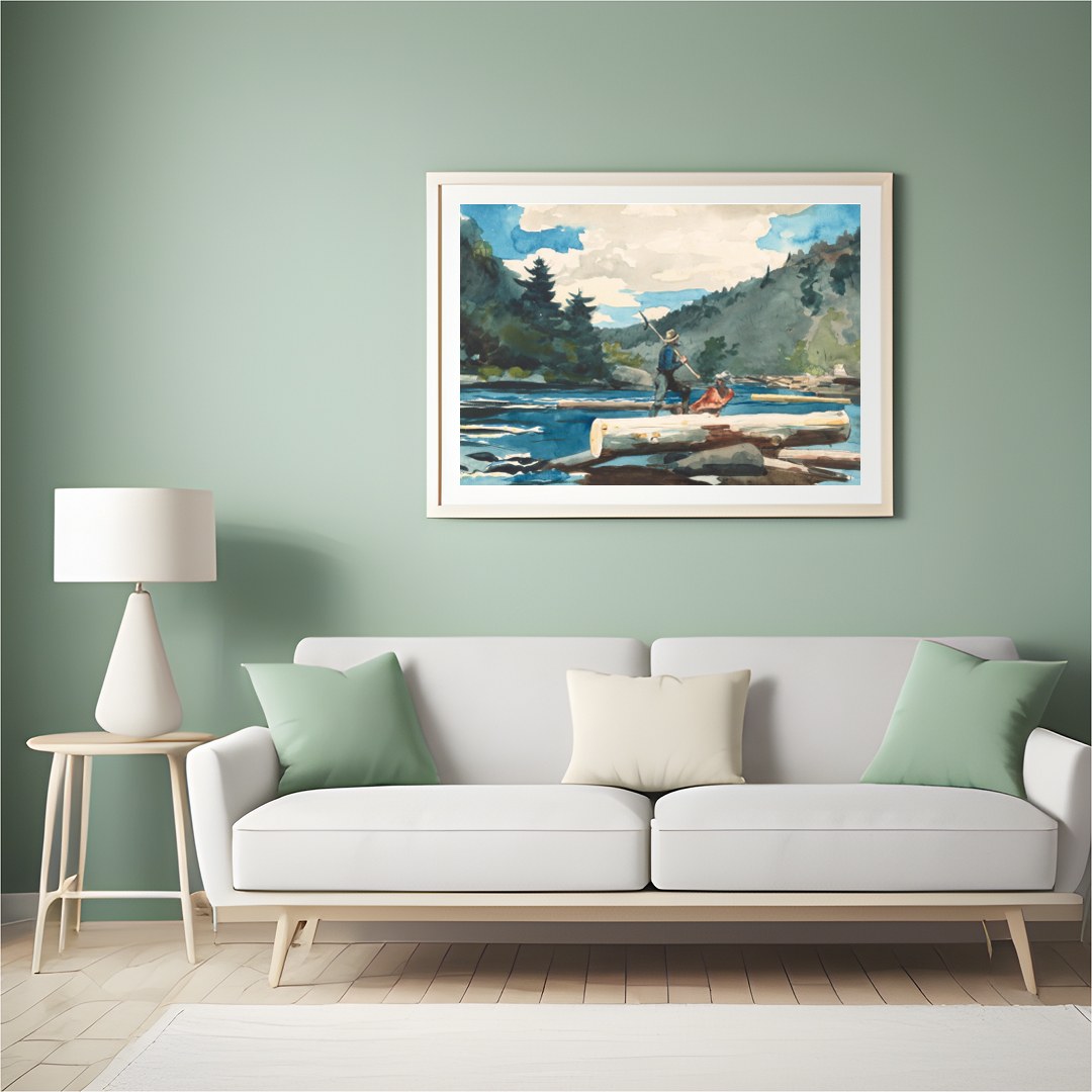 Immerse yourself in the serene beauty of nature with this watercolor depiction of log rafting. The for Hall