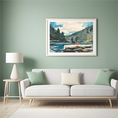 Immerse yourself in the serene beauty of nature with this watercolor depiction of log rafting. The for Hall