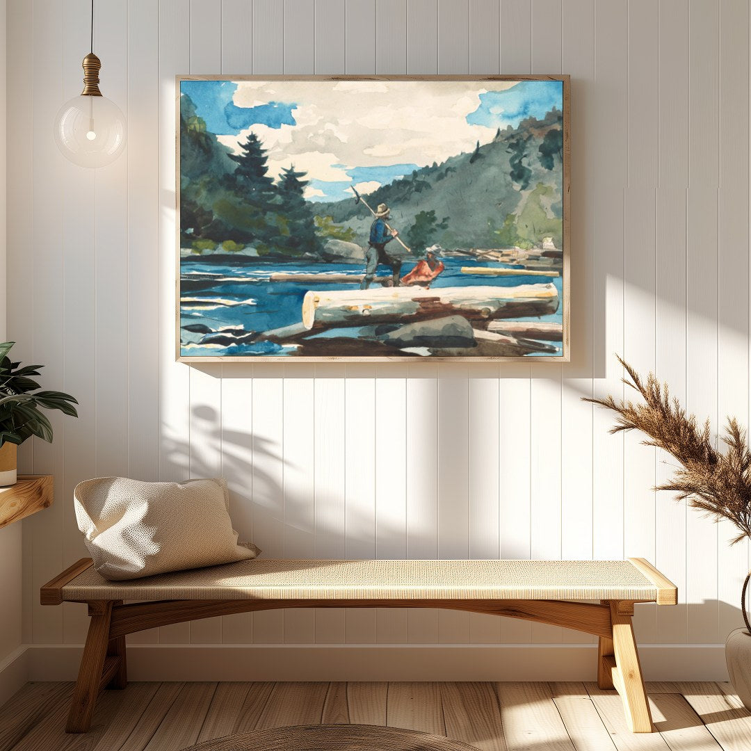 Immerse yourself in the serene beauty of nature with this watercolor depiction of log rafting. The for Hallway