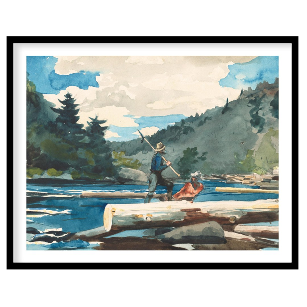 Immerse yourself in the serene beauty of nature with this watercolor depiction of log rafting. The for home