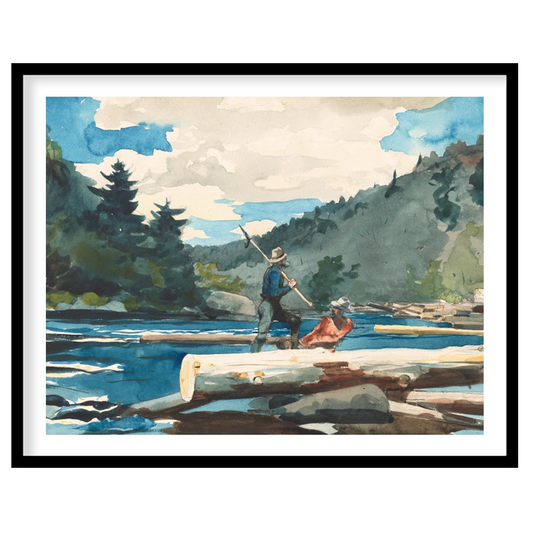 Immerse yourself in the serene beauty of nature with this watercolor depiction of log rafting. The for home